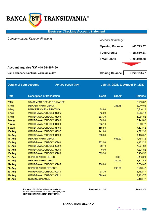 Download Banca Transilvania company account statement Word and PDF template Photoshop template